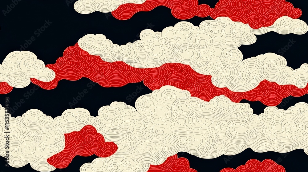 Abstract Swirling Clouds in Red and Cream Against Dark Background