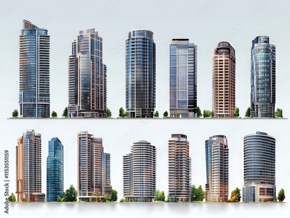 Fototapeta premium Collection of Modern Skyscrapers with Glass Facades and Greenery