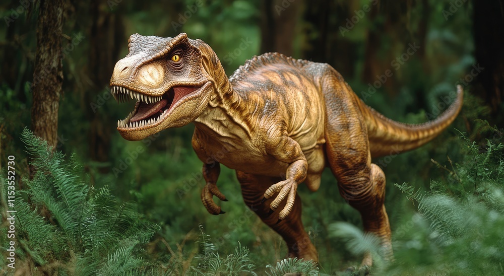 Obraz premium an extremely realistic and detailed dinosaur in the jungle, facing forward with its mouth open to eat leaves from the trees.