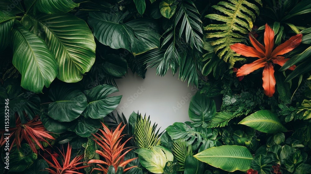 Naklejka premium Lush Greenery and Vibrant Leaves Framing a Blank Space for Design