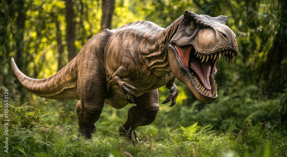Fototapeta premium an extremely realistic and detailed dinosaur in the jungle, facing forward with its mouth open to eat leaves from the trees.
