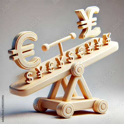 3D Currency Exchange Seesaw Icon with Symbols for Forex Trading and Global Finance