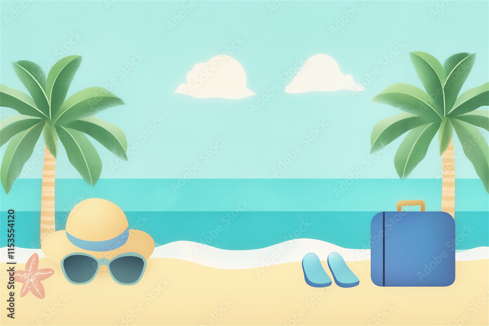 Obraz premium A picturesque tropical beach with soft sand, calm turquoise waters, and lush palm trees, evoking a sense of ultimate relaxation and serenity.