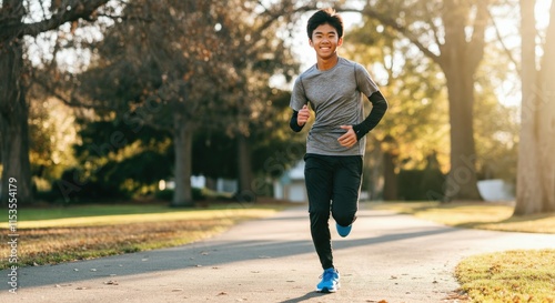 Obraz na płótnie Young asian male jogger in autumn park setting for fitness and wellbeing concepts w salonie