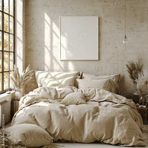 A calm bedroom with a neutral palette, soft bed, and a blank white picture frame on the wall. photo