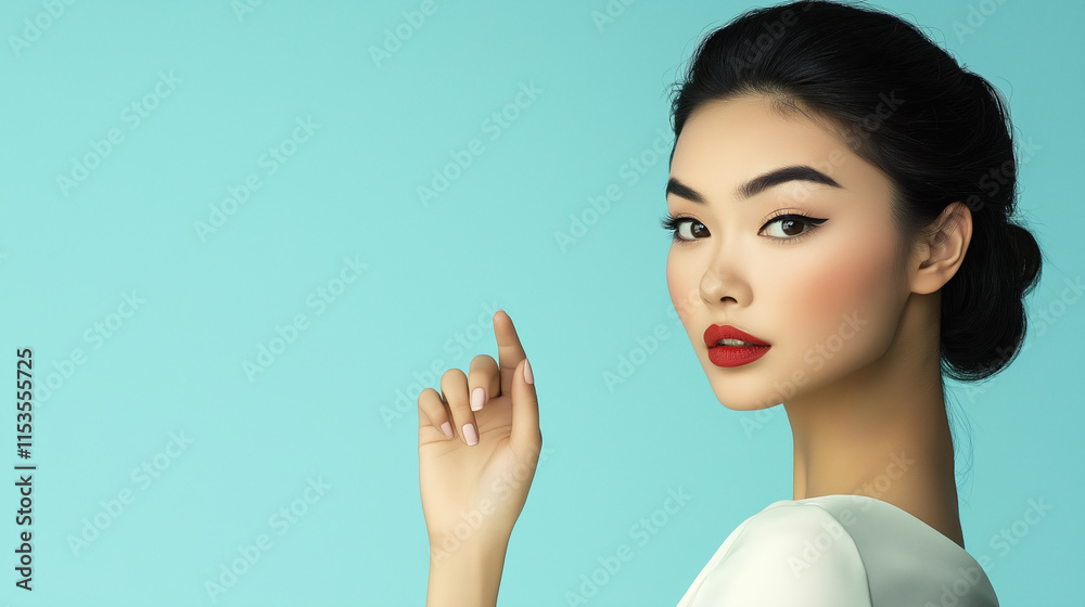 Woman in white dress on turquoise background. Beauty cosmetics advertisement Woman in white dress on turquoise background. Beauty cosmetics advertisement