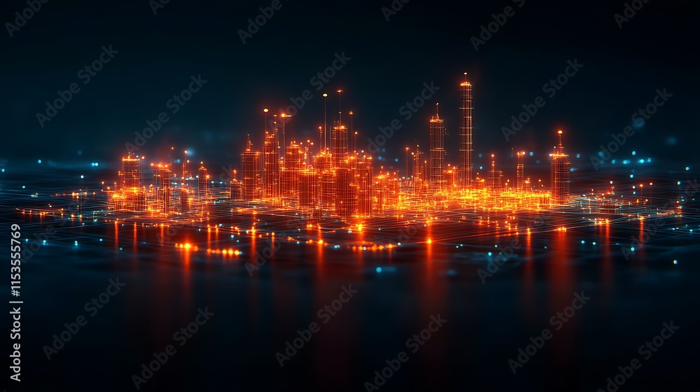 Fototapeta premium Futuristic city glowing at night.