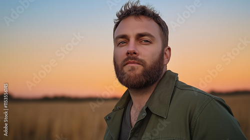 Man in green jacket against orange sunset sky. Nature lifestyle advertising