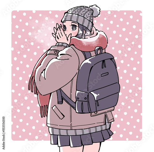 かじかんだ手を温める女の子のイラスト