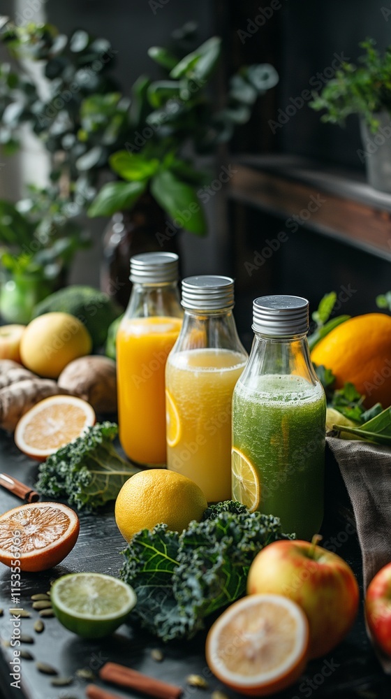 Transparent bottles with colorful detox smoothies made from vegetables and fruits stand on a wood table surrounded by oranges, berries and apples. Transparent bottles with colorful detox smoothies made from vegetables and fruits stand on a wood table surrounded by oranges, berries and apples.