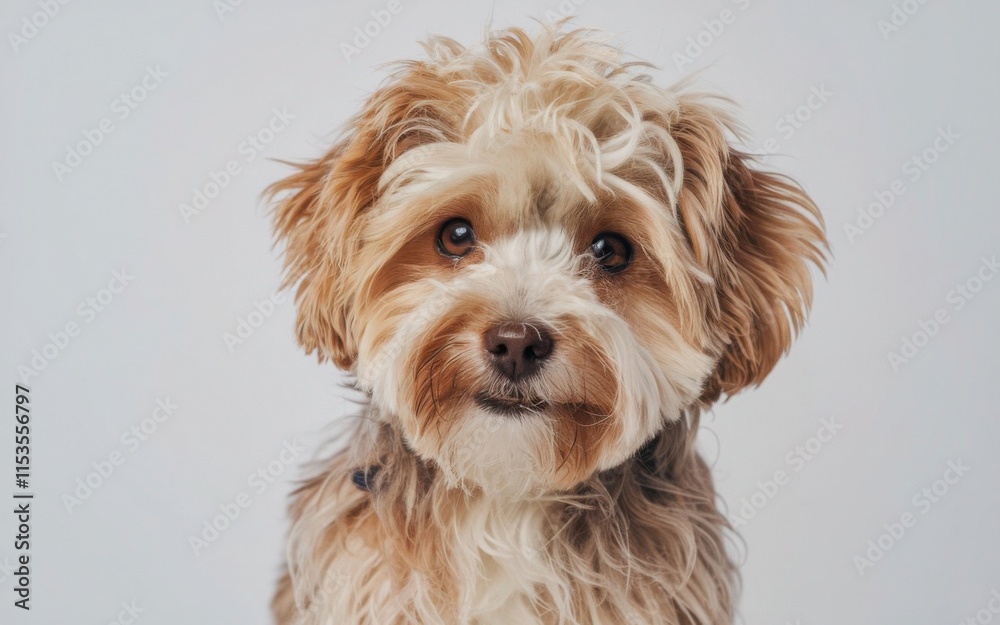 A close-up shot of a charming Maltipoo with big, kind eyes and brown fur posing, isolated on a white studio background, radiating happiness and health A close-up shot of a charming Maltipoo with big, kind eyes and brown fur posing, isolated on a white studio background, radiating happiness and health