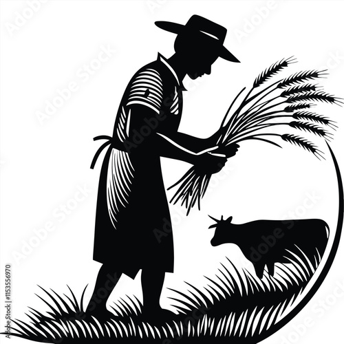 a black silhouette of a man wearing a hat and apron. He is holding a bunch of wheat stalks in his hands