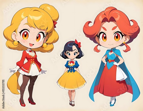 Three Adorable Anime Princesses in Colorful Dresses photo