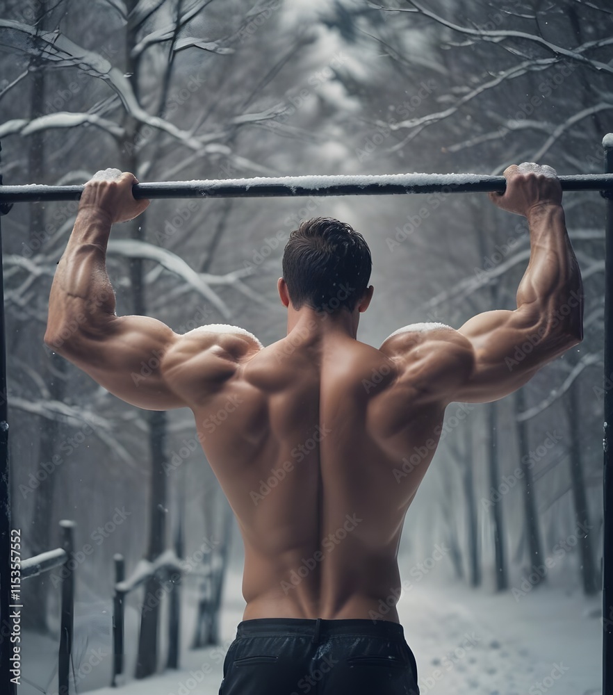 A muscular shirtless man with his back to the camera, pulling himself up on a bar in the snow A muscular shirtless man with his back to the camera, pulling himself up on a bar in the snow