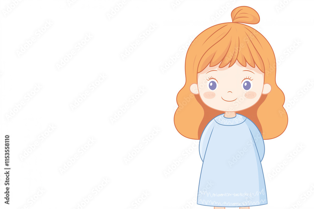 A cheerful girl with blonde hair tied in a bun, wearing a light blue dress, stands against a white background. Perfect for children's themes or educational materials. A cheerful girl with blonde hair tied in a bun, wearing a light blue dress, stands against a white background. Perfect for children's themes or educational materials.