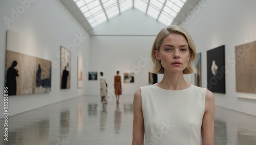 Free Download Minimalist Portrait of a Woman in White Dress in Modern Interior - GFXLoad