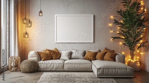 A spacious living room with a comfortable sectional, minimalist décor, and soft ambient lighting. A blank white picture frame hangs on the wall next to a tall indoor plant.
