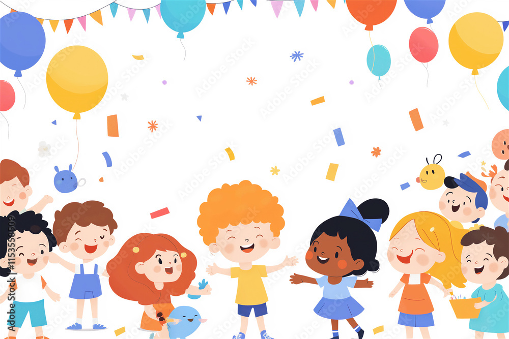 A group of children in colorful outfits joyfully celebrating at a festive event. The background is filled with balloons and confetti. A group of children in colorful outfits joyfully celebrating at a festive event. The background is filled with balloons and confetti.