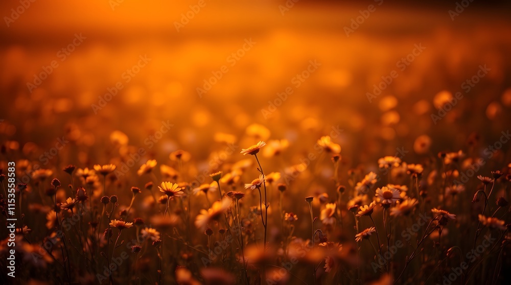 Blooming flower field basking in golden glow of sunset, tranquil & serene garden with soft hues & natural beauty Blooming flower field basking in golden glow of sunset, tranquil & serene garden with soft hues & natural beauty