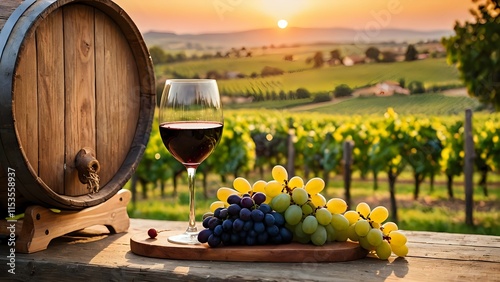 Un bicchiere di vino, grappoli d'uva, una botte e sullo sfondo un vigneto  - Azienda vinicola photo