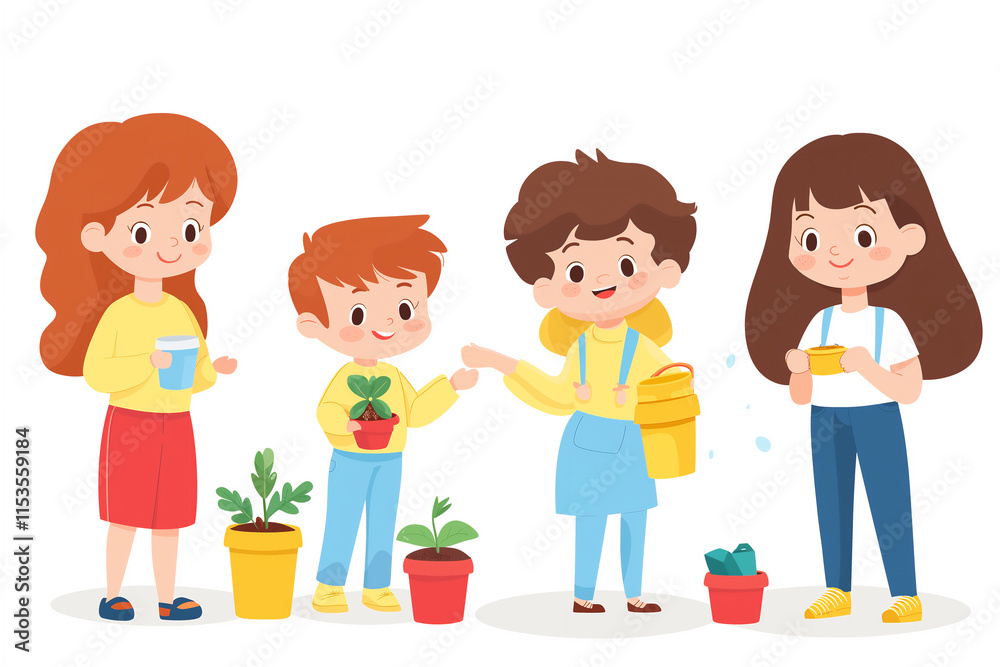 Group of four children holding fruits and potted plants, learning about healthy lifestyles and sustainable practices in a classroom environment. Group of four children holding fruits and potted plants, learning about healthy lifestyles and sustainable practices in a classroom environment.