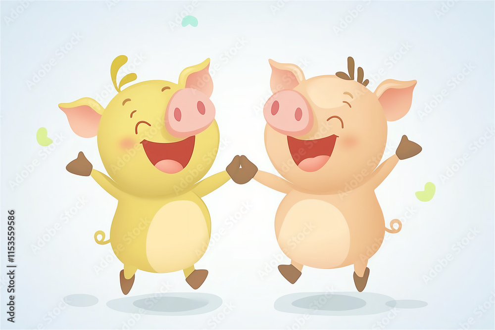 Two cartoon pigs dancing and having fun in a whimsical farm setting. A playful and lighthearted scene ideal for children’s stories or designs. Two cartoon pigs dancing and having fun in a whimsical farm setting. A playful and lighthearted scene ideal for children’s stories or designs.