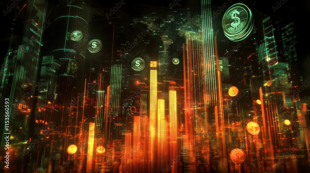 Fototapeta premium A visualization of corporate profitability, featuring dollar coins, rising bar charts, and glowing economic indicators.