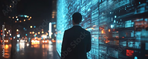 A businessman utilizing a virtual HRM interface for employee recruitment, talent management, and selection processes, glowing digital icons, modern techinspired aesthetic photo