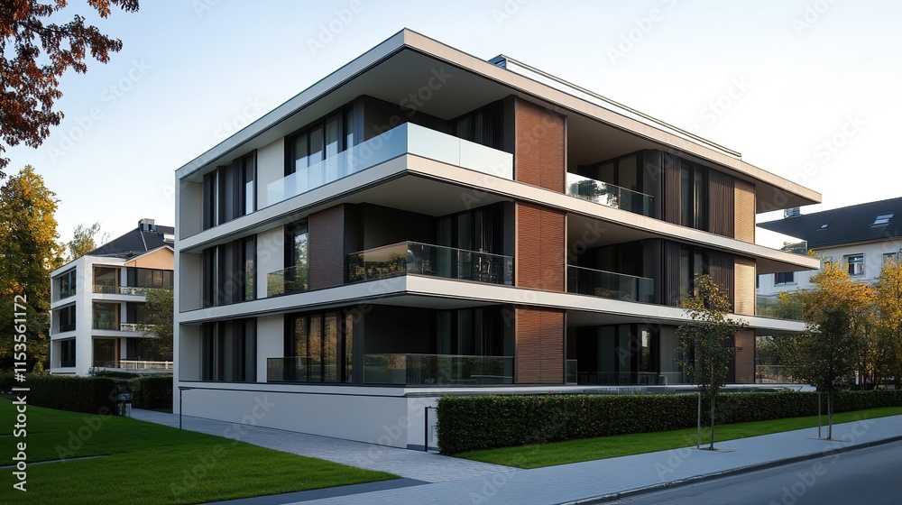 A modern residential building with large windows and a balcony in an urban setting with clear blue skies and a new construction facade A modern residential building with large windows and a balcony in an urban setting with clear blue skies and a new construction facade