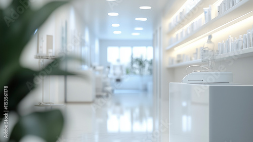 Minimalist modern medical clinic with clean white design, defocused background.