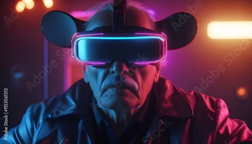 An elderly person with dark hair wearing large futuristic virtual reality , surrounded by neon lights and a dark background