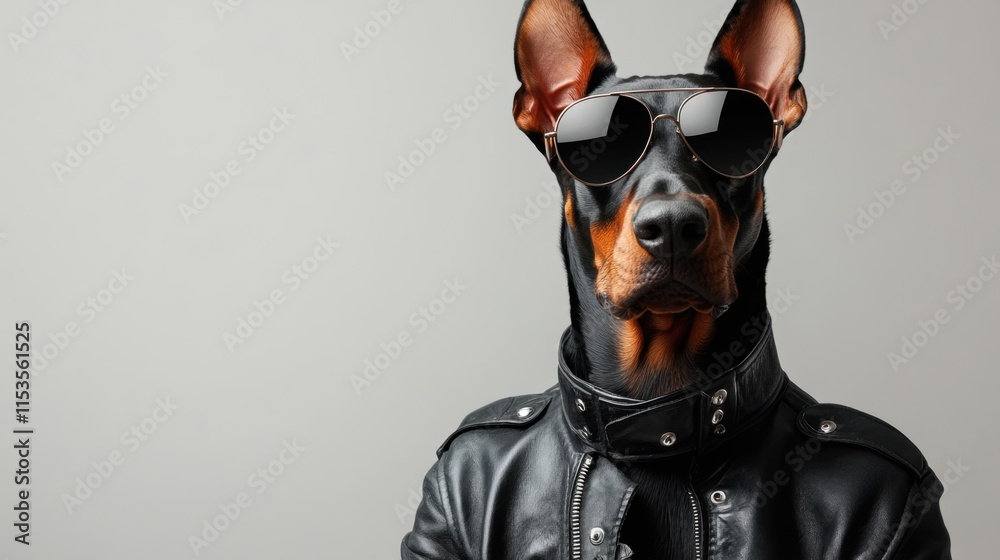 Stylish Doberman Wearing Sunglasses and Leather Jacket Poses Confidently Against a Neutral Background for Fashionable Pet Photography