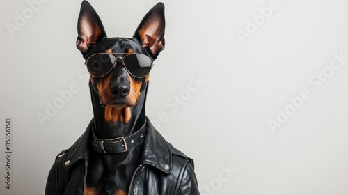Stylish Doberman in Sunglasses and Leather Jacket Poses Against a Neutral Background Showcasing a Unique Blend of Attitude and Charm in Fashionable Pet Portrait photo