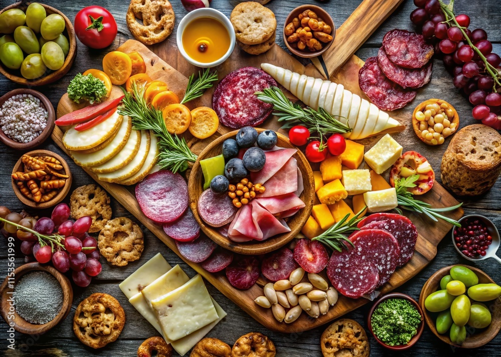 Overhead View of Gourmet Charcuterie Board with Meats, Cheeses & Crackers