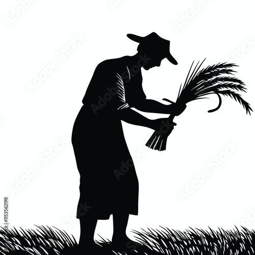 a black silhouette of a man wearing a hat and apron. He is holding a bunch of wheat stalks in his hands