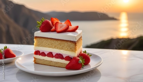 A slice of layered cake with a strawberry on top , placed on a marble surface with the sunset in the background