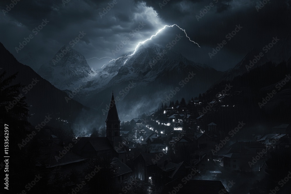 Fototapeta premium Lightning Bolt Hits Town in Mountains