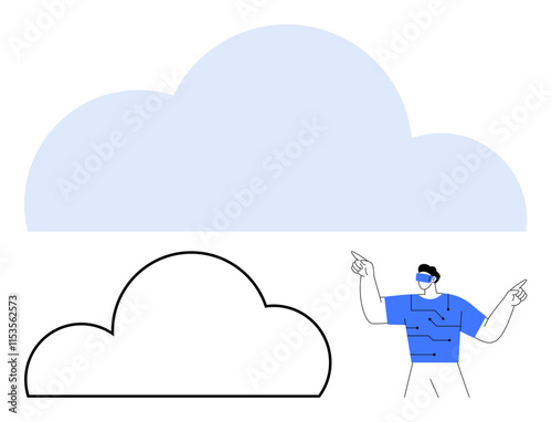 Man pointing upward toward large cloud shapes, depicting cloud technology. Ideal for cloud computing, storage, data management, networking, technology, internet services and futuristic themes. Line