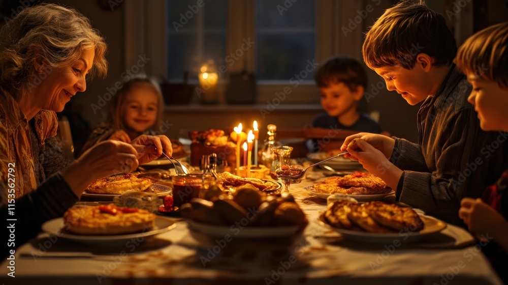 Family gathering during dinner with candles and warm atmosphere in a cozy living room Family gathering during dinner with candles and warm atmosphere in a cozy living room