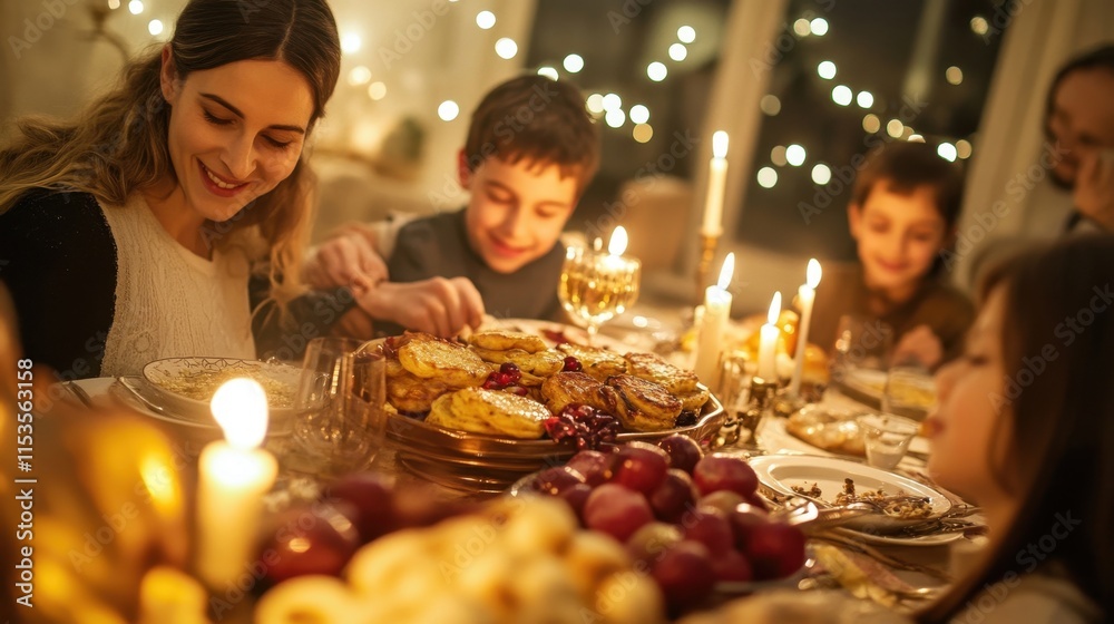 Family gathering during dinner with candles and warm atmosphere in a cozy living room Family gathering during dinner with candles and warm atmosphere in a cozy living room