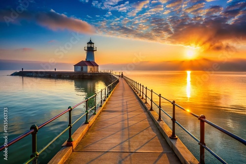 Panoramic Calm Summer Morning Walkway to Port Washington Breakwater Lighthouse photo