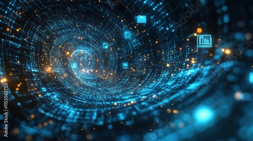 Fototapeta Naklejka Na Ścianę i Meble -  Abstract Digital Tunnel with Flowing Data Symbols and Glowing Particles Representing Technology, Innovation, and Connectivity in a Virtual Space Environment