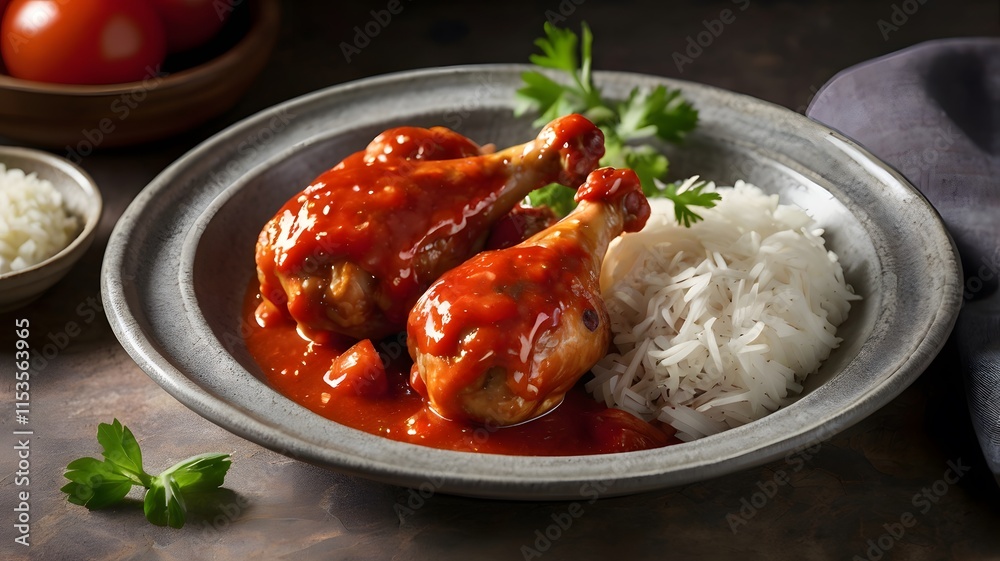 Spicy glazed chicken drumsticks & rice served in savory red sauce. Appetizing culinary delicious juicy creamy meat food meal Spicy glazed chicken drumsticks & rice served in savory red sauce. Appetizing culinary delicious juicy creamy meat food meal