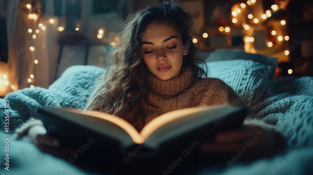 Woman Reading Book In Bed Cozy Night Lights Woman Reading Book In Bed Cozy Night Lights