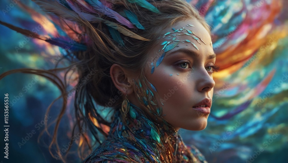 Naklejka premium Woman in Iridescent Dress at Sunset by the Sea