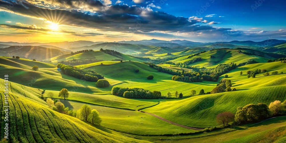 Obraz premium Panoramic Landscape: Breathtaking 360° View of Rolling Hills and Lush Green Valley