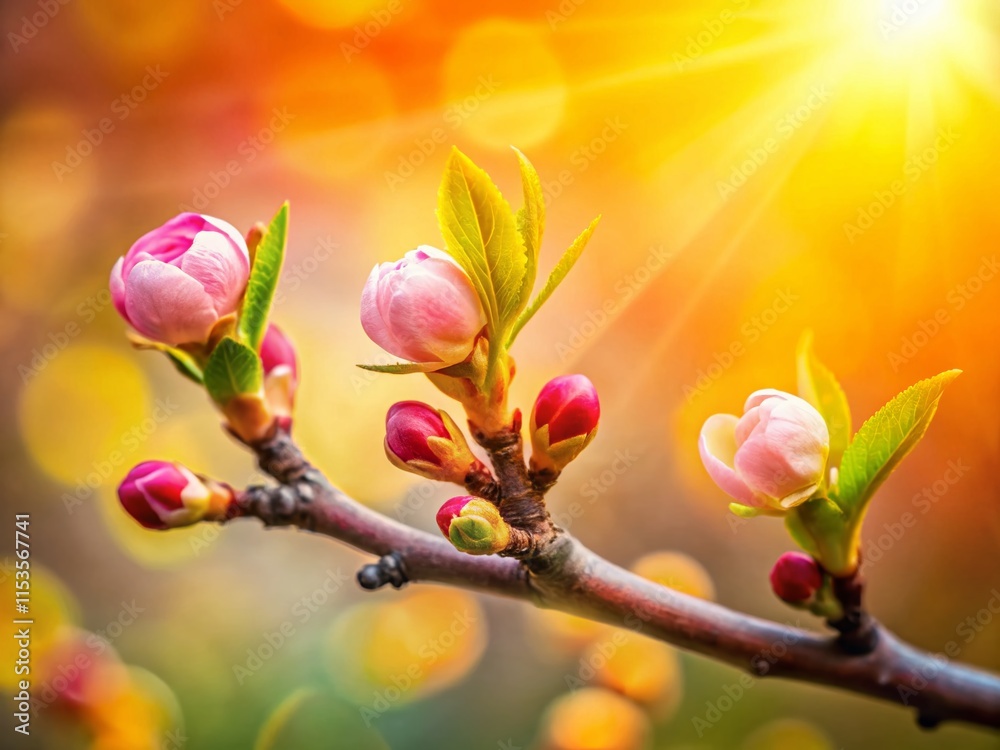 Panoramic Spring: Three Delicate Buds on a Branch Panoramic Spring: Three Delicate Buds on a Branch