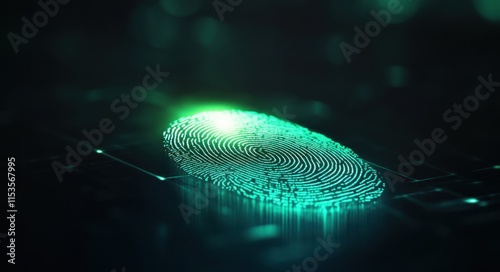 A single, illuminated green fingerprint on a black background, symbolizing digital security and biometric life-lighting.