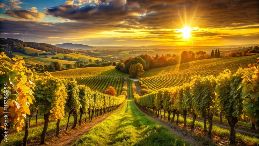 Fototapeta premium Panoramic Sunlit Vineyard: Golden Hour Grape Vines & Scenic Countryside