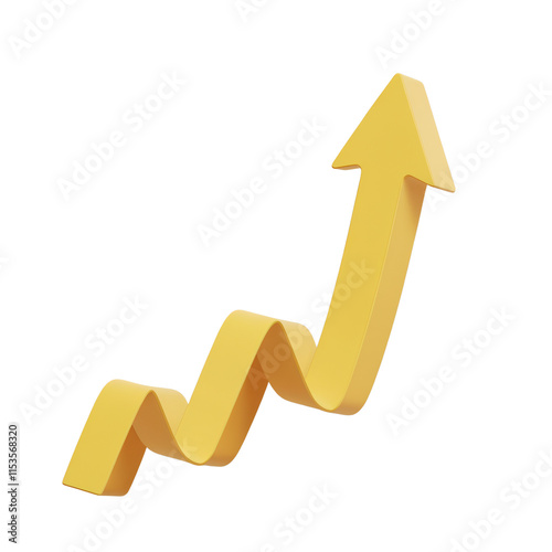 A 3D render of a yellow arrow rising from the bottom to the top of the frame. The arrow has a transparent background . The arrow has a smooth, curved shape.